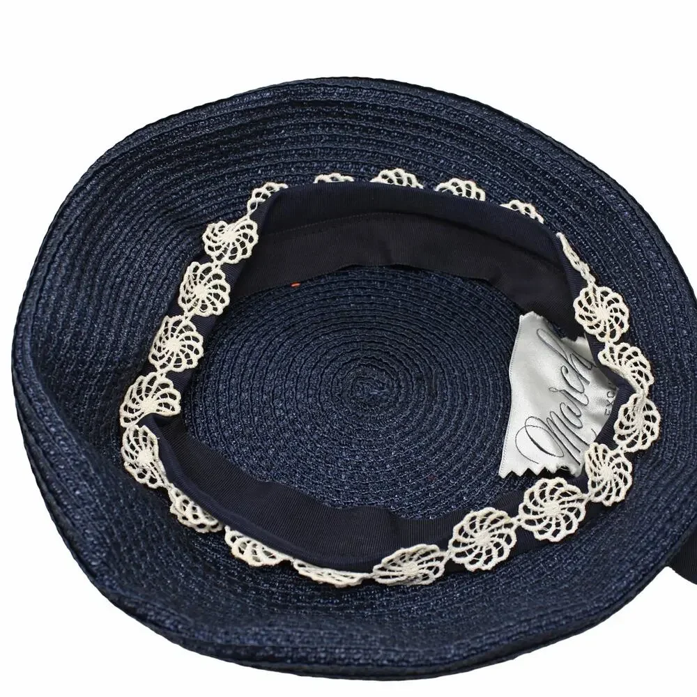 Vintage Marche Exclusive Navy Wide Straw Hat w Lace Ribbon Church Tea - Hey Viv - Picture 8 of 9